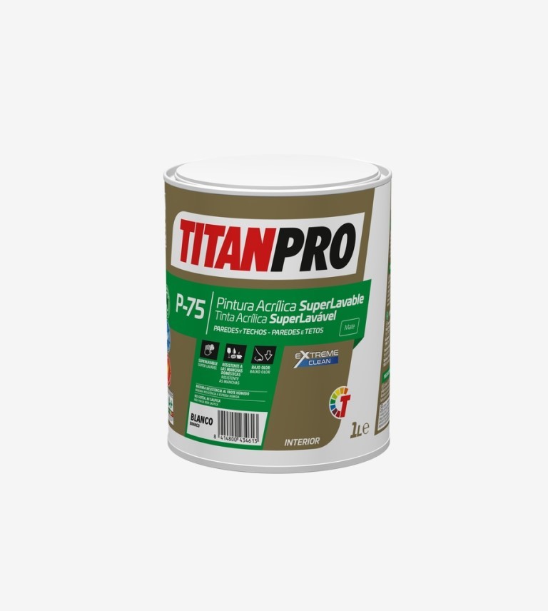 TITANPRO P75 PINTURA ACRILICA SUPERLAVABLE MATE BLANCO=BB 1L